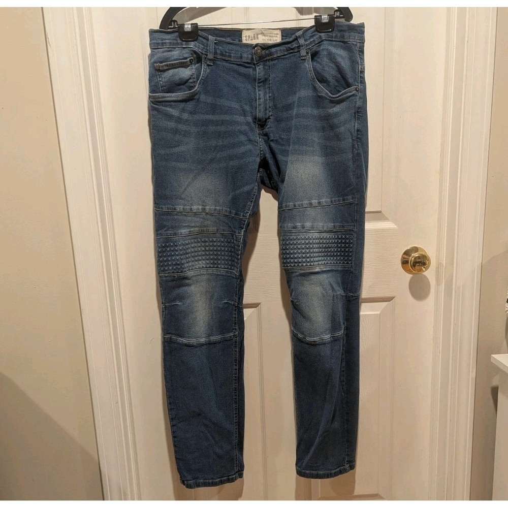Y2K Biker Moto Jeans SPARK Embossed Knee Stretch Denim Size 40/34 Strretwear